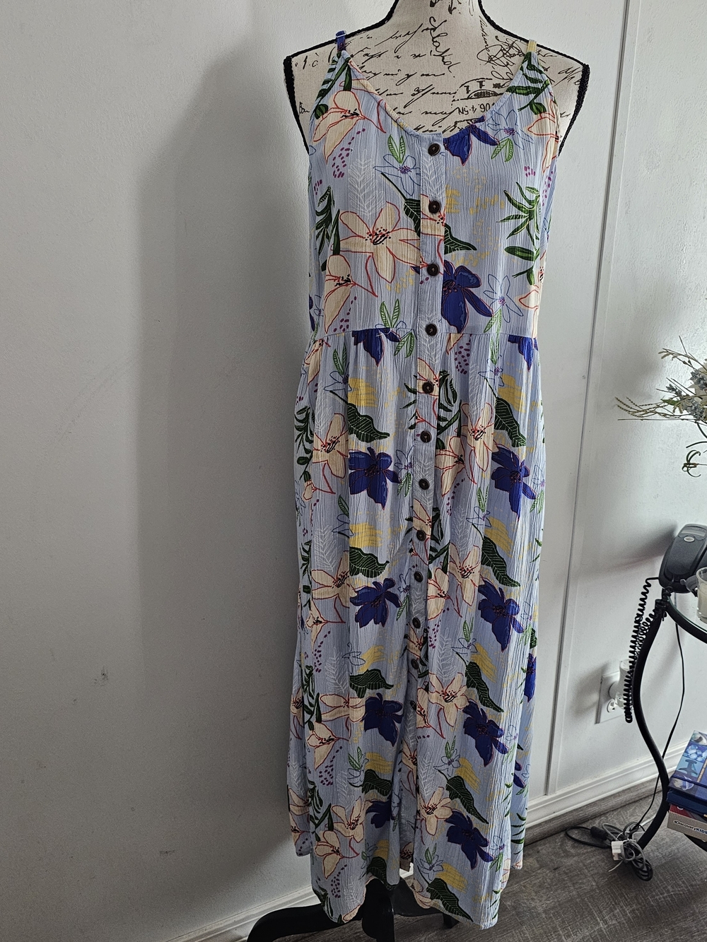 Natural Reflections Light Blue Floral Midi Dress with Button Front